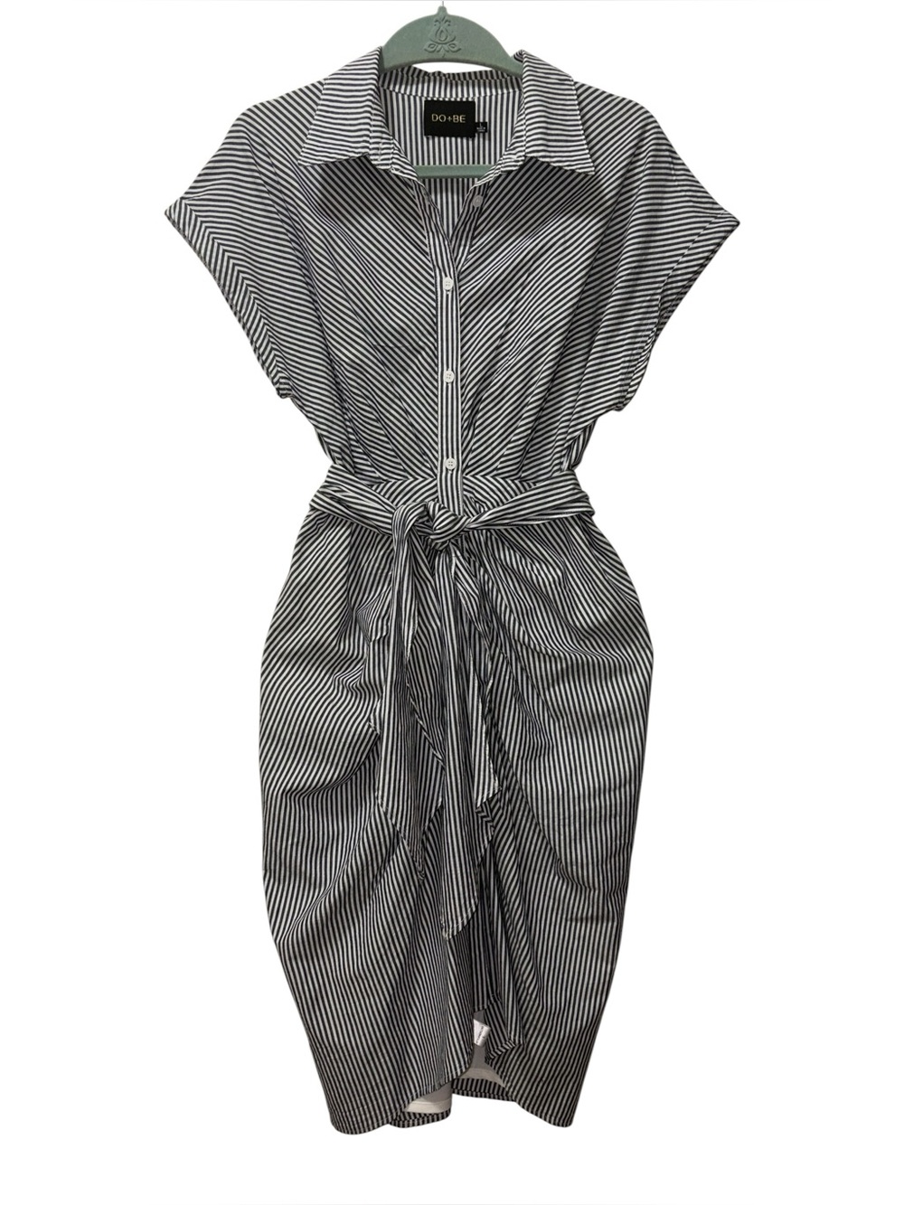 DO+BE Navy/White Cotton Striped Midi Shirt Dress w/Ruching and Waist Tie, Sz L